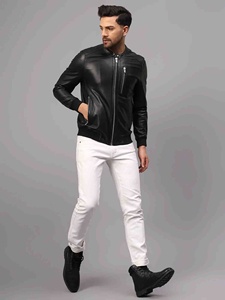 Blouson de motard en cuir premium, style vintage, décontracté, pour l'hiver, vêtement d'extérieur durable, élégant, confortable, avec logo frontal - Product Image 4