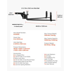 Kit di Distribuzione del Peso per Gancio di Traino con Controllo Oscillazione, Capacità Massima 12000 Libbre, Include Supporti per Gancio - Product Image 4