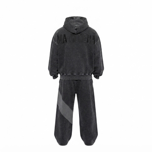Conjunto de chándal de dos piezas con sudadera con capucha extragrande con cremallera y pantalones de chándal de pierna ancha con patchwork, estilo lavado personalizado - Product Image 4