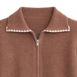 Chaqueta de punto suave para mujer con cremallera frontal, punto gofrado, borde festoneado, manga larga, cárdigan informal para uso diario. - Product Image 5