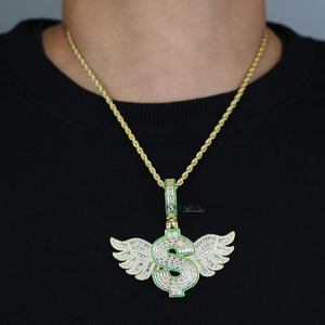 Winged Dollar <b>Sign</b> Moissanite Pendant 925 Silver Rhodium Plated Hiphop Pendant Men's Everyday Wear - Product Image 2