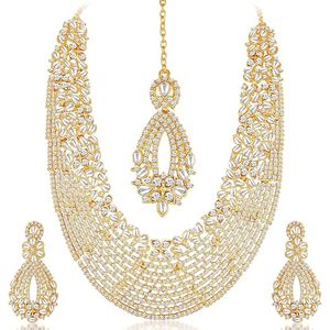 Parure Collier Long et Boucles d'Oreilles en Alliage Plaqué Or, Perles d'Imitation, Design Temples du Sud de l'Inde, Bijoux Ethniques de Mariage pour Femme - Product Image 1