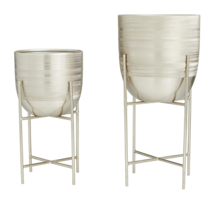 Pots de fleurs élégants en métal argenté avec supports en fer hauts, porte-fleurs texturés modernes, pots décoratifs pour plantes pour la maison - Product Image 2