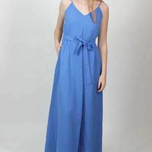 Nouvelle arrivée, robe maxi en coton bleu, silhouette en A, col en V, sans manches, robe de demoiselle d'honneur d'été avec poches - Product Image 1