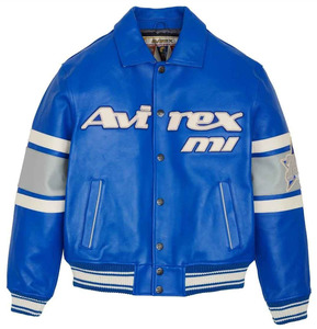 แจ็คเก็ตหนัง Avirex สำหรับผู้ชาย สีขาว ทรงบอมเบอร์ ปักโลโก้ ซิปหน้า สำหรับฤดูหนาว รับผลิตตามแบบ OEM สีและลายปะติดปะต่อตามสั่ง กันลม - Product Image 1