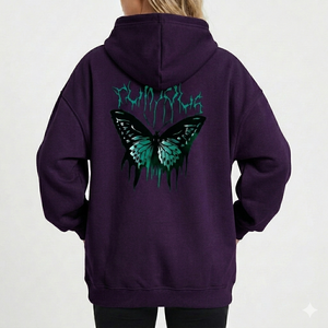 The "melting butterfly" hoodie features a deep plum fabric with a high-contrast teal butterfly graphic on the back. - Product Image 3