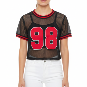 Women Mesh Jersey <b>Top</b> Oversized <b>Cropped</b> Short Sleeve Custom OEM Wholesale - Product Image 3