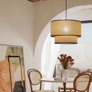 Abat-jour en bambou et rotin fait main de haute qualité, avec des styles européens, français et chinois, et un motif rond, décoration rustique moderne pour la maison - Product Image 3