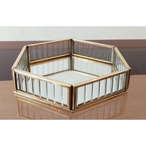 Hexagon Mirrored Glass <b>Storage</b> <b>Tray</b> with Gold Plated Frame Modern Luxury Design for Table Top Organization and Decor - Product Image 1