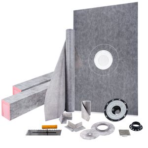 Kit de umbral de ducha hermético de 48x72 pulgadas con brida de unión central de ABS de 4 pulgadas, rejilla de acero inoxidable de 4 pulgadas y membrana impermeable de 2 cortes superpuestos - Product Image 1
