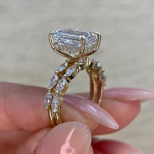 5 Carat Emerald Cut Lab Grown Diamond Engagement <b>Ring</b> <b>Set</b> _ Matching Marquise Cut Wedding Band _ 14k Yellow <b>Gold</b> - Product Image 1