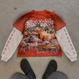 เสื้อยืดแนวสตรีทใส่ได้ทั้งชายและหญิงแขนยาวสองชั้นโอเวอร์ไซส์ผ้าคอตตอน100% ระบายอากาศได้ดีแห้งเร็วกำหนดเอง - Product Image 4