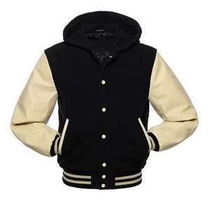 Blouson universitaire tendance en polaire noire de haute qualité avec manches en cuir rouge, broderie personnalisée sur le devant, faible MOQ, hiver - Product Image 2