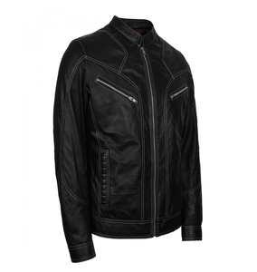 Veste de moto pour homme en PU noir uni, col roulé, fermeture éclair, coupe ajustée, style hiver - Product Image 4