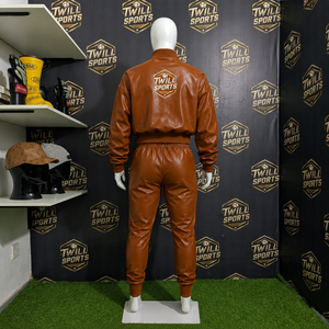 Twill Sports Women Brown PU Leather Tracksuit Full Sleeve Button Up Collar Drawstring <b>Pants</b> Sporty Leather Tracksuit Set - Product Image 3