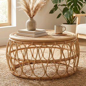 Elegant High Quality Handcrafted Natural Rattan Round Coffee <b>Table</b> Openwork Bentwood Frame Accent Side <b>Table</b> For Living Room - Product Image 6