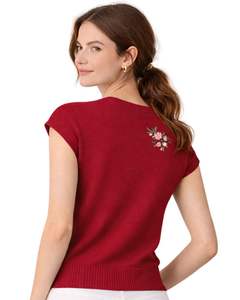 Suéter de Punto sin Mangas Rojo para Mujer, Cuello Redondo, Ligero, Informal, Chaleco de Verano, Bordado Floral, Top Suave y Cómodo - Product Image 2