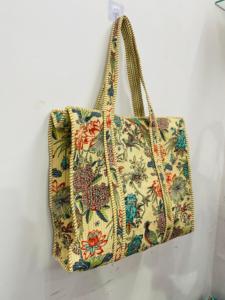 Beige Floral <b>Boho</b> Handmade Quilted Cotton Tote <b>Bag</b> Women Large Shoulder Handbag Reusable Market <b>Bag</b> Drawstring Closure - Product Image 2