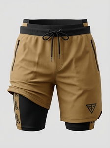 Shorts de sport pour homme 2 en 1 personnalisés, couleur camel, avec doublure de compression, poches zippées, cordon de serrage, pour l'entraînement physique, marque privée - Product Image 2
