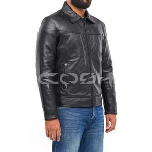 Chaqueta de Cuero Negra con Cierre, Estilo Cuello Camisero Versátil para Hombre - Product Image 4