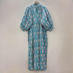 Mini-robe formelle en coton écologique, imprimée à la main motif floral, col en V, manches 3/4, ourlet à volants en dentelle, lavable, style chinoiserie naturel - Product Image 1