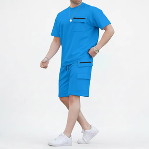 ชุดเซ็ตสองชิ้นลำลองสีน้ำเงินสำหรับผู้ชายรุ่นใหม่ปี 2026 เสื้อยืดคอกลม กางเกงขาสั้น สีพื้น ผ้าเทอร์รี่ แห้งเร็ว สไตล์วินเทจ ระบายอากาศได้ดี ผ้าถัก - Product Image 1