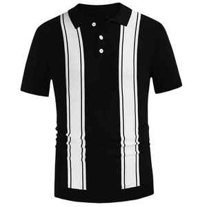 เสื้อโปโลผู้ชายสีดำลายทางถัก แขนสั้น สไตล์ลำลอง ติดกระดุม ทรงปกติ - Product Image 1