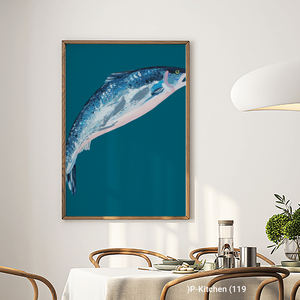 Kitchen Canvas Print Oil Painting Fish Wall Art Blue Background Modern Wood <b>Frame</b> Kitchen Wall Decor - Product Image 2
