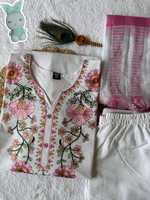 Ensemble Kurti Pantalon Dupatta pour femmes, broderie florale blanche, vêtements ethniques indiens pakistanais pour mariage et fête