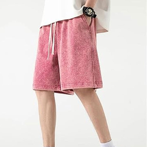 <b>Men's</b> <b>Pink</b> Cotton <b>Shorts</b> Solid Color Casual Style With Pockets Drawstring Waist Mid Rise Breathable Knitted Fabric - Product Image 2