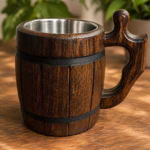 Wooden Luxury Beer <b>Mug</b> Vintage Style Barrel Design with Handle Reusable Eco-Friendly <b>Handmade</b> for Home & Hotel Use - Product Image 1
