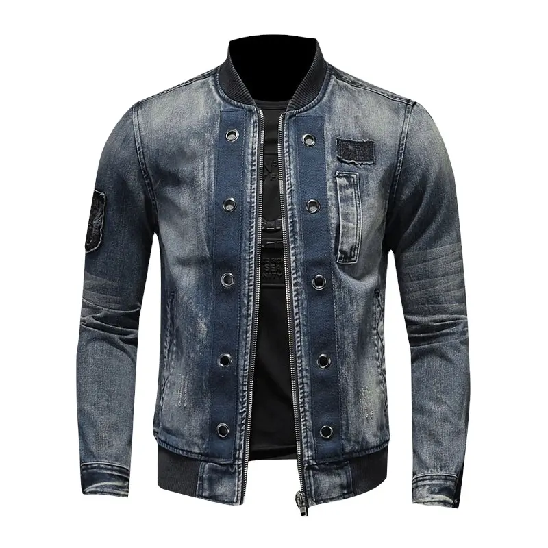 Unique Style Collar Patch Bomber Pilot Blue Denim Jacket Men Jeans Coats Motorcycle Casual Outwear Clothing Street style jackets