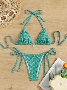 High Quality Women's Halter Neck <b>V</b>-<b>Strings</b> Floral Pattern Bikini 2-Piece Set in Spandex/Nylon Fabric - Product Image 4