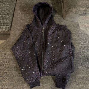 Custom Winter 100% Cotton Breathable Hoodie and Sweatpants Set Zip Sweatsuit Rhinestone Sportswear Activewear <b>Men</b> - Product Image 3