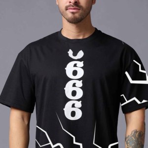 Camiseta Negra de Manga Corta para Hombre, con Patrón Geométrico Blanco, Cuello Redondo, Estilo Urbano, Talla Grande, Antiarrugas, Transpirable, de Algodón Ecológico - Product Image 3