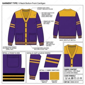 Cardigan universitaire personnalisé Omega Fraternity, violet, col en V, broderie chenille or vieilli, manches longues, coupe classique, hiver - Product Image 3