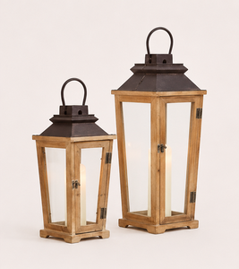 Handmade Rustic Wooden Candle <b>Lantern</b> <b>Set</b> of 2 with Metal Top Vintage Distressed Wood Decorative Floor <b>Lanterns</b> for Home Decor - Product Image 2