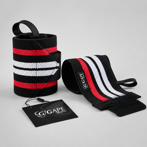 สายรัดข้อมือ GAPE SPORTS ไนลอน สีดำแดงขาวลายทาง ปิดด้วยแถบตีนตุ๊กแก สำหรับยกน้ำหนัก ราคาขายส่ง OEM ราคาถูก - Product Image 1