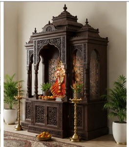 Premium Teak Wood Door Temple With Bells Traditional Wooden <b>Mandir</b> With Hanging Bells South Indian Style Walnut <b>Mandir</b> Sale USA - Product Image 4