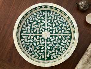 Handmade Green Bone Inlay Tray Round Decorative Serving Tray Coffee <b>Table</b> Organizer Gift - Product Image 1