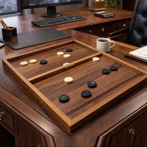 Crafted Wood <b>Backgammon</b> <b>Board</b> With Black White Pieces Elegant Office Decor Tabletop Strategy Game Set For Family Enjoyment - Product Image 1