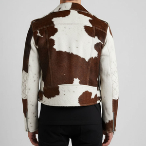 Cowhide <b>Fur</b> Moto Biker <b>Jacket</b> Animal Print Winter Warm Full Sleeve Zipper Closure Turn-down Collar - Product Image 2