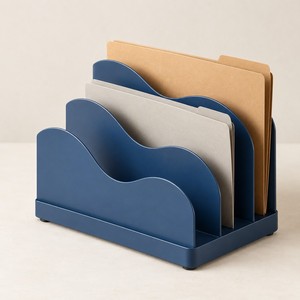 Organisateur de fichiers en métal, support de bureau pour dossiers, porte-documents en fer à trois fentes, organisateur de bureau bleu - Product Image 1