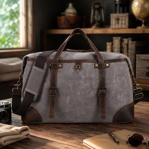 Bolsa de Viaje Impermeable de Lona y Cuero, Bolsa de Fin de Semana Resistente Estilo Vintage, Bolsa de Mano para Hombre LCDB-0009 - Product Image 4