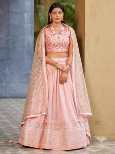 Pink Beaded Lehenga <b>Set</b> Embroidered Blouseh Dupatta Women's Outfit Wedding Festival Wear - Product Image 1