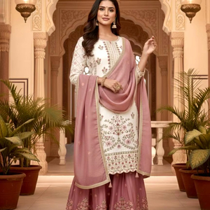 Conjunto de Kurti Sharara Gharara de Seda Bordada Personalizable, Diseño Étnico Indio-Pakistaní de Última Moda para Mujer, Ramdev Trading - Product Image 1