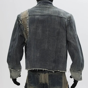 Custom Patchwork Washed Denim Jackets Streetwear Stonewashed Raw Edge Men Jeans Vintage Distressed Outwear Set - Product Image 4