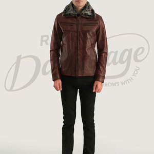 Veste en cuir marron pour homme de qualité supérieure avec col en fausse fourrure grise, coupe ajustée, vêtement d'extérieur chaud pour l'hiver, veste de motard élégante et décontractée - Product Image 3