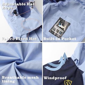Chaqueta con capucha a prueba de viento para adultos con gorro desmontable y logotipo en la manga, color azul claro y azul marino, cierre de cremallera en toda la manga. - Product Image 3