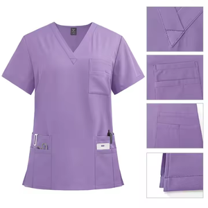 Women Purple V-Neck Scrub <b>Top</b> Pockets Cotton Polyester Woven Hospital Uniforms Blouse GLOWING NEON INDUSTRY Needle Detection - Product Image 1